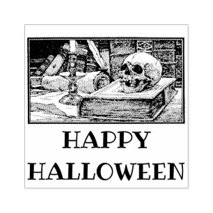 Sello de goma de libros de cráneo de Halloween