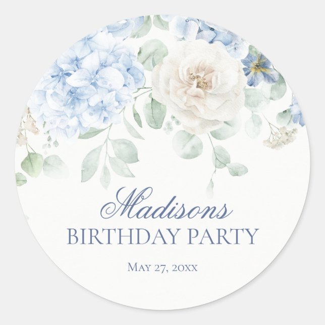 Sello de invitación de cumpleaños con flores azule (Anverso)