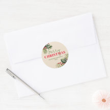 Sello de Navidad de acebo y pino sobre beige