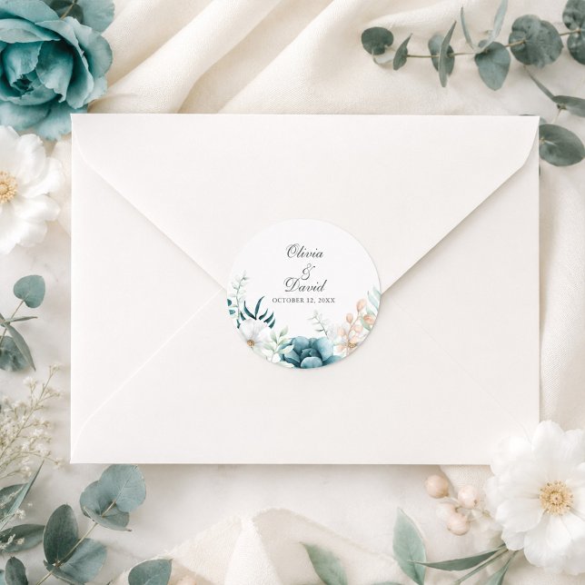 Sello de Pegatina de Sobre de Boda Botánico Verde  (Teal Botanical Wedding Envelope Seal Sticker)