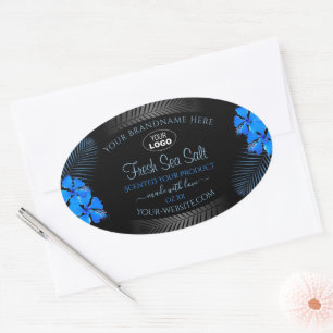 Sello de producto negro logotipo de flores azules 