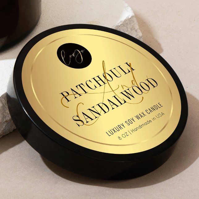 Sello de producto para embalaje elegante con logot (Elegant faux gold effect product label with space for your logo and scent name)