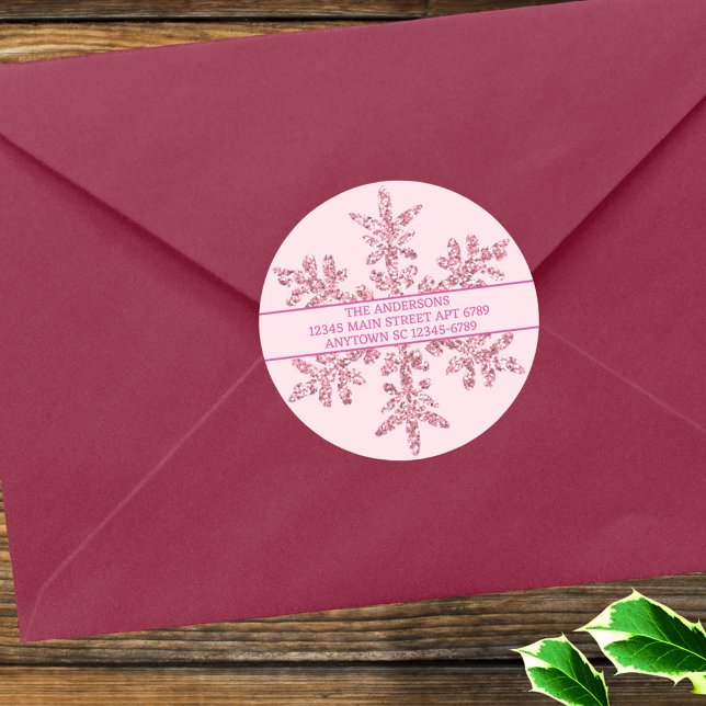 Sello de Sobre Rústico Chic Glam Pink Copo de Niev (Use these pink snowflake stickers as combo address labels and envelope seals or add your own text)