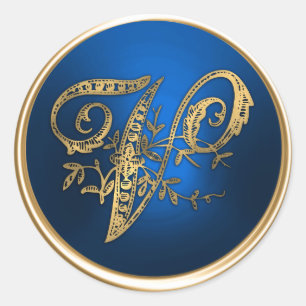 Sello de sobre V de monograma dorado y azul