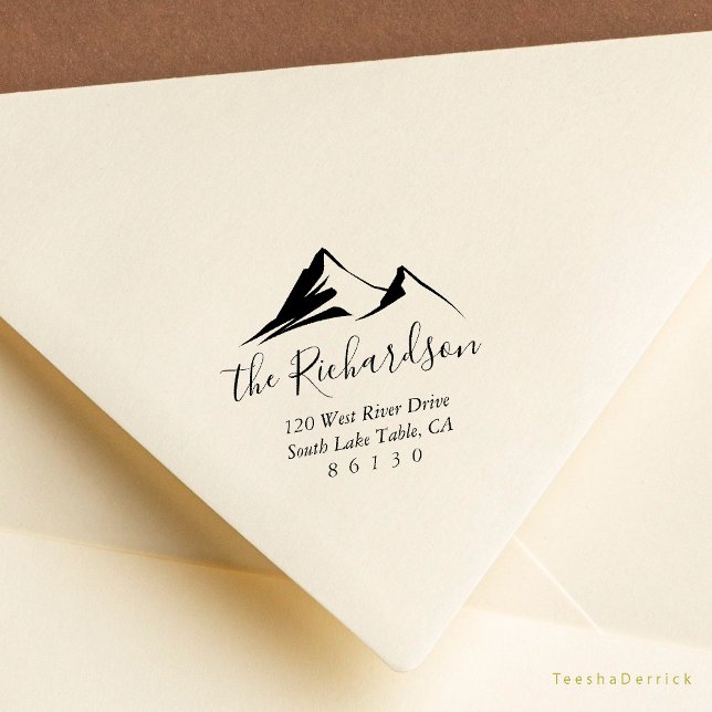 Sello de tinta propia de devolución de dirección d (Modern Rustic Mountain Sketch Return Address Rubber Stamp )