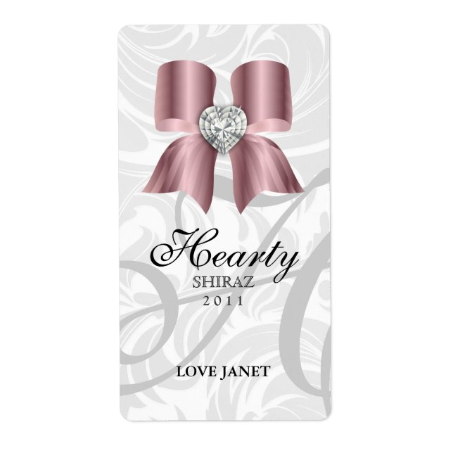 Sello de vino Boda Joya Bow Corazón Bebé Rosa (Frente)