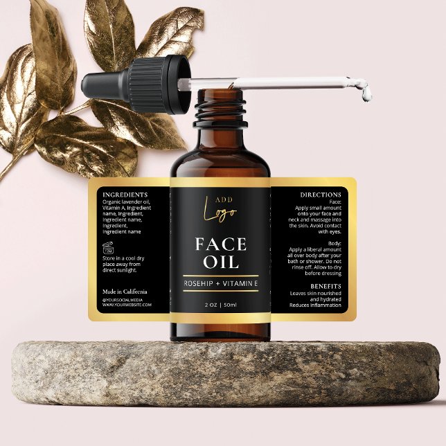 Sello elegante de botellas de frasco cosmético de  (Black & Gold dropper bottle label design, great for serums, oils and other skincare products)