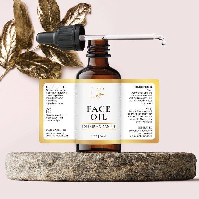 Sello elegante de frascos de Faux Gold Cosmetic Sk (Elegant white and faux gold skincare bottle labels with ingredients and space for your logo)