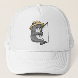 Sello en la pesca con barra de pesca y Gorra