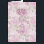 Sello mesiánico floral<br><div class="desc">El sello mesiánico, en rosa en un fondo floral. El sello, a partir del siglo I, es una combinación de un Menorah, un símbolo judío antiguo, así como el Ichthys, un símbolo antiguo de la fe cristiana y de los seguidores de Yeshua, creando una estrella de David en la intersección....</div>