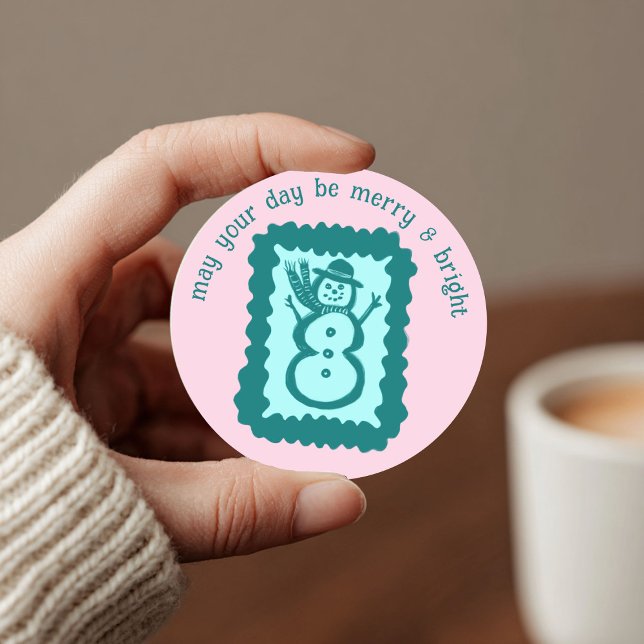 Sello Navideño Caprichoso Lindo Personalizado Aleg (Whimsical Christmas Stamp Cute Custom Merry Bright Snowman Classic Round Sticker
)