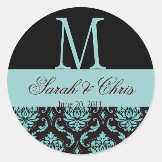 Sello negro azul monograma Damask de boda