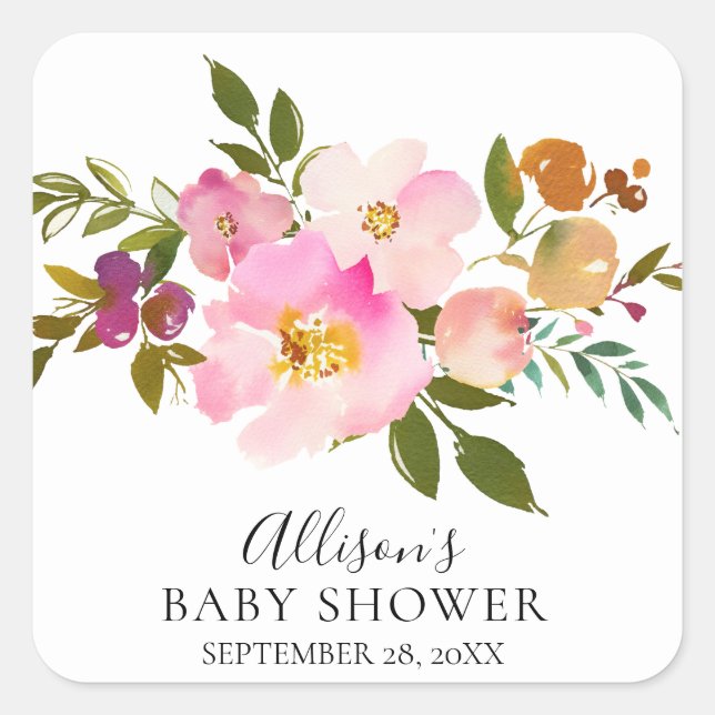 Sello para sobres Baby Shower con flores rosadas y (Anverso)