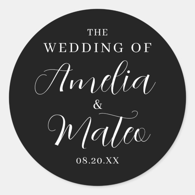 Sello para sobres Boda de caligrafía blanca negra (Anverso)