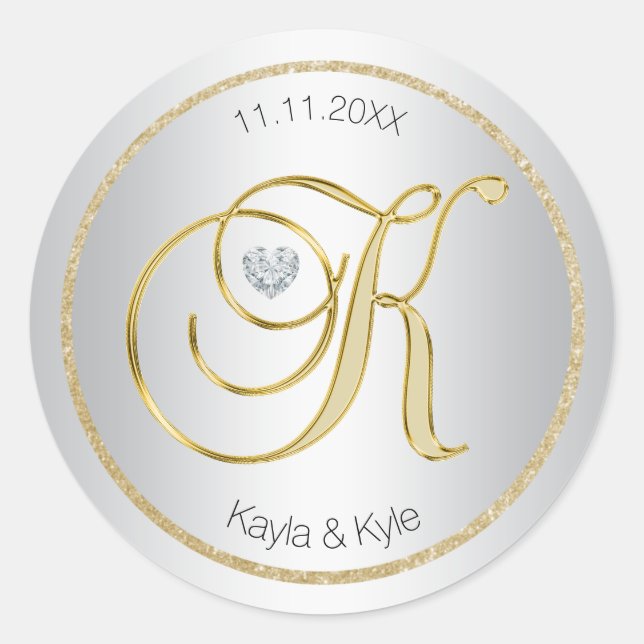 Sello para sobres Boda de Monograma 'K' dorado pla (Anverso)