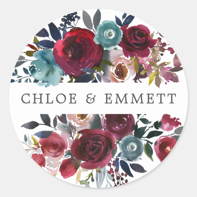 Sello para sobres Boda floral azul rosado (Anverso)