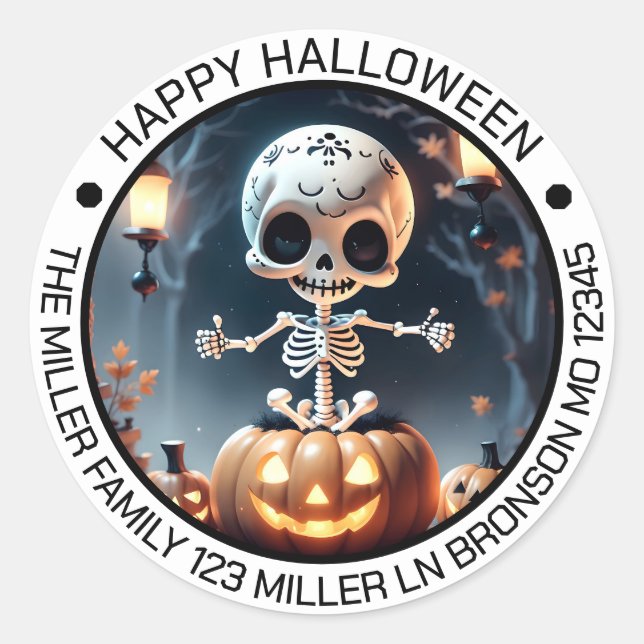 Sello para sobres Cute Skeleton y Pumpkins (Anverso)