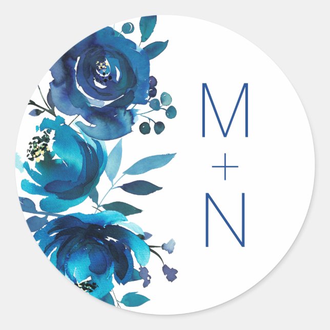 Sello para sobres de boda con floral azul índigo (Anverso)