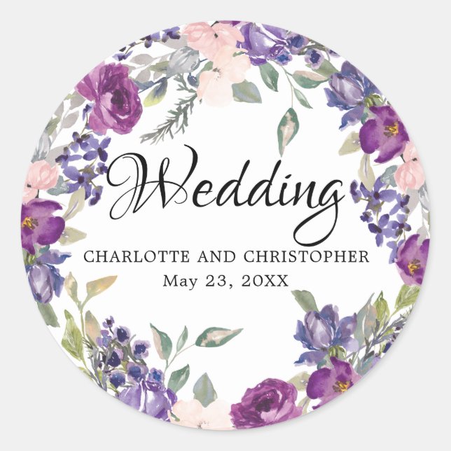 Sello para sobres de Boda floral púrpura Plum Rubo (Anverso)