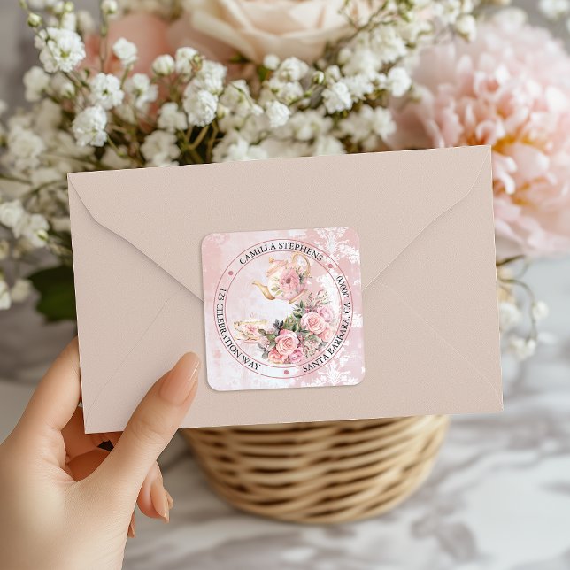 Sello para sobres de dirección de retorno de té al (Elegant Pink Roses Floral High Tea Teapot and Teacup Girl Baby Shower Return Address Envelope Seals)