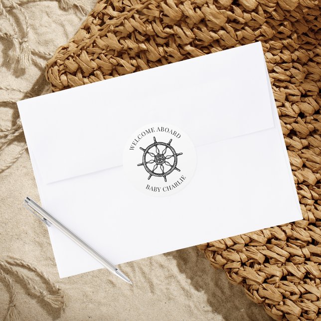 Sello para sobres de la rueda del bebé (Welcome Aboard Baby Announcement Envelope Seal with ship wheel hand drawing)