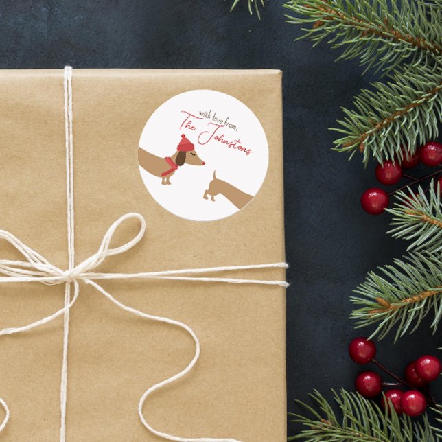 Sello para sobres de Navidades personalizados de D (Personalized dachshund Christmas gift giving label)