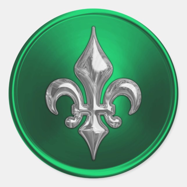 Sello para sobres Fleur de Lis verde y plateado (Anverso)