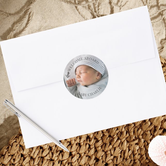 Sello para sobres Fotográfico de Bienvenida (Welcome Aboard Envelope seal with personalized baby photo and name)