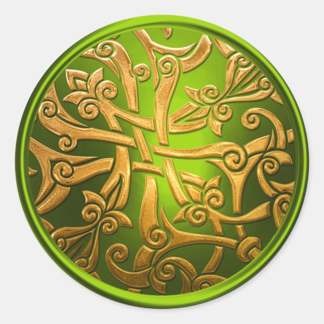 Sello para sobres Lime Green Gold Celtic Damask (Anverso)