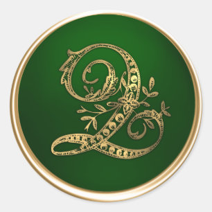 Sello para sobres Q de oro y monograma esmeralda