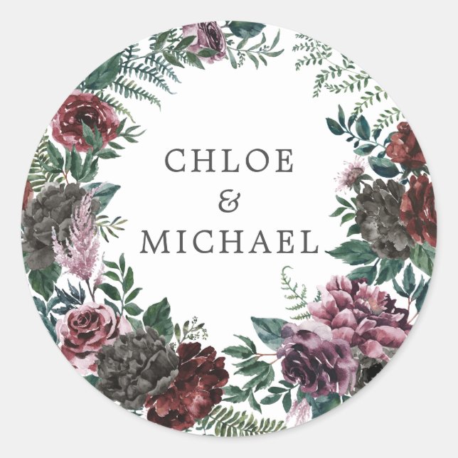 Sello para sobres ruso de Boda floral rojo borgoñé (Anverso)