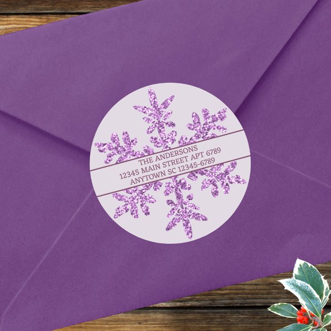 Sello para sobres Rústico de Moda de Glam Púrpura  (Custom faux glitter snowflake round stickers in purple, easy to customize as envelope seals and more)