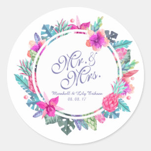 Sello Pegatina de Boda floral tropical personaliza