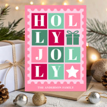 Sello postal de Navidad Pink Retro Holly Jolly