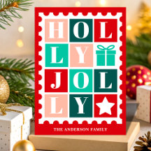 Sello Postal de Navidad Retro Holly Jolly