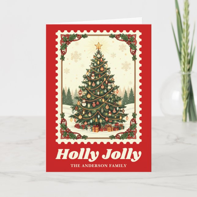 Sello postal del árbol de Navidad Holly Jolly (Anverso)