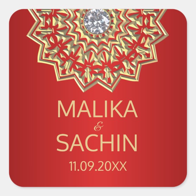 Sellos de Boda de oro ROJO de flores de Mandala in (Anverso)