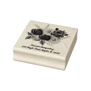 Sellos de madera de rosas y dalias con dirección