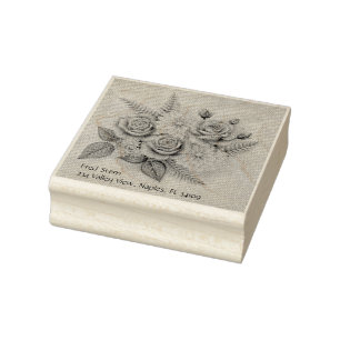 Sellos de madera de rosas y dalias con dirección