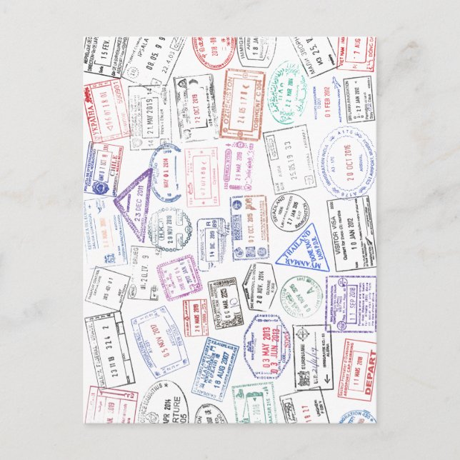 Sellos de pasaporte de todo el mundo en una postal (Anverso)