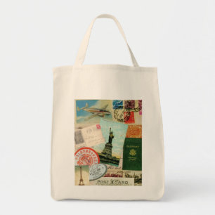 Sellos de viaje y postales vintage en bolsa