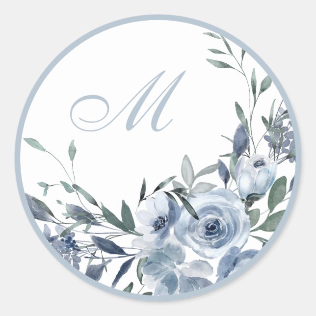 Sellos para sobres de Boda de flores azules en mon (Anverso)