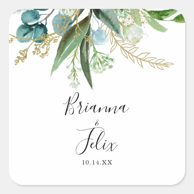 Sellos para sobres de Boda verde tropical dorado (Anverso)