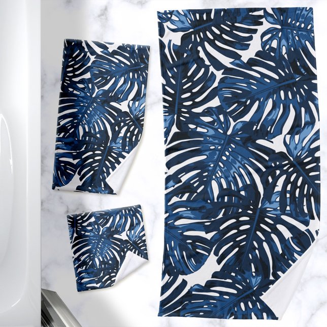 Selva blanca azul de la Marina Tropical (Navy blue and white jungle leaves towel set)