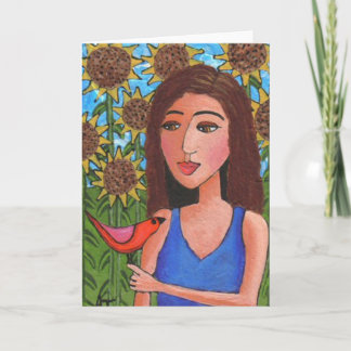 Selva de girasol y pájaro rojo - tarjeta de saludo