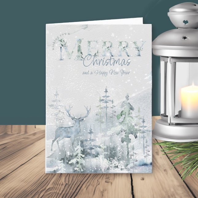 Selva de invierno nevada con la navidad del ferry  (Christmas and New Year card. Watercolor winter forest scene with stag)