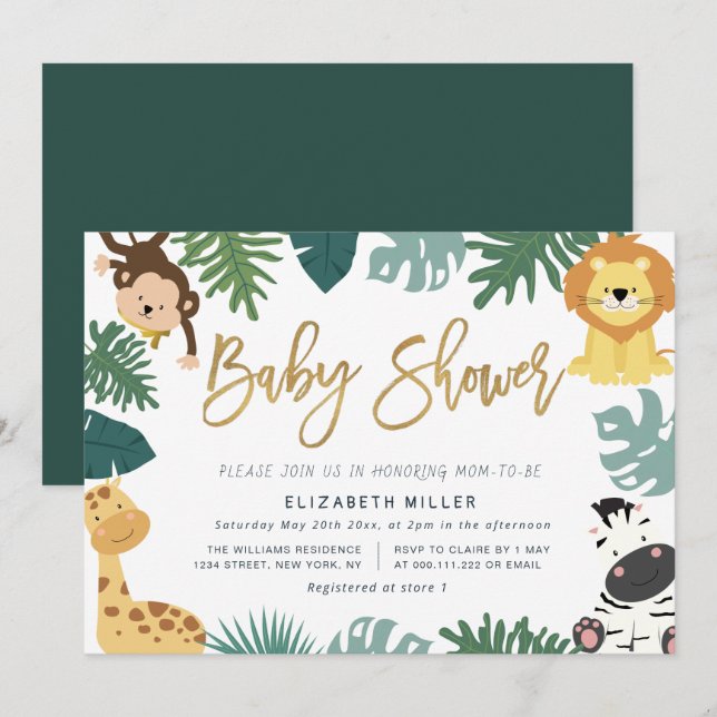 selva safari animales bebé invitación a la ducha (Anverso / Reverso)
