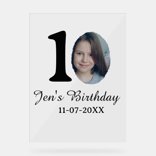 Señal Acrílica 10.ª foto de cumpleaños letra negrita niños fecha (Anverso)