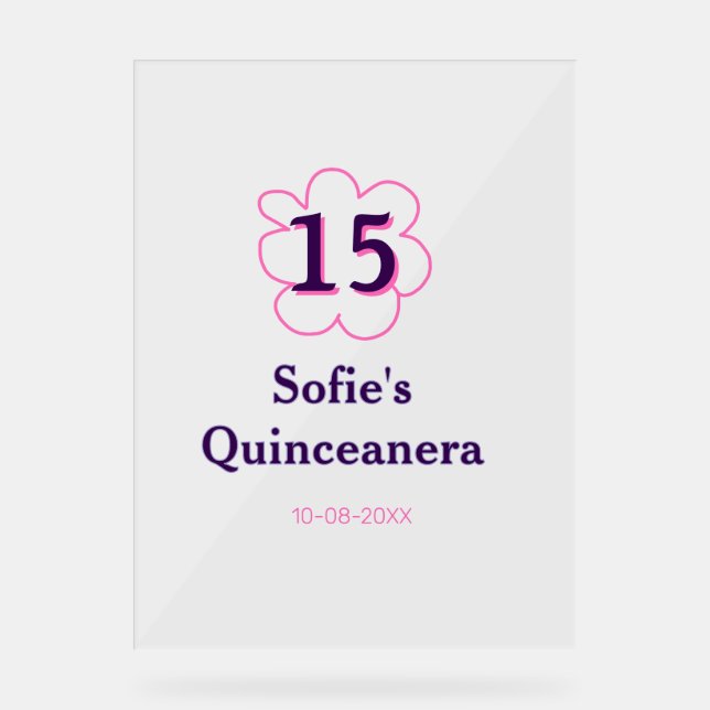 Señal Acrílica 15.ª quinceañera feliz cumpleaños púrpura rosa (Anverso)