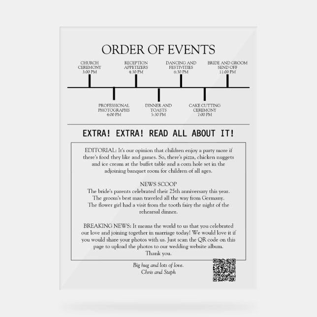 Señal Acrílica 1 Programa de Boda de Guión Elegante Foto Minimali (Anverso)